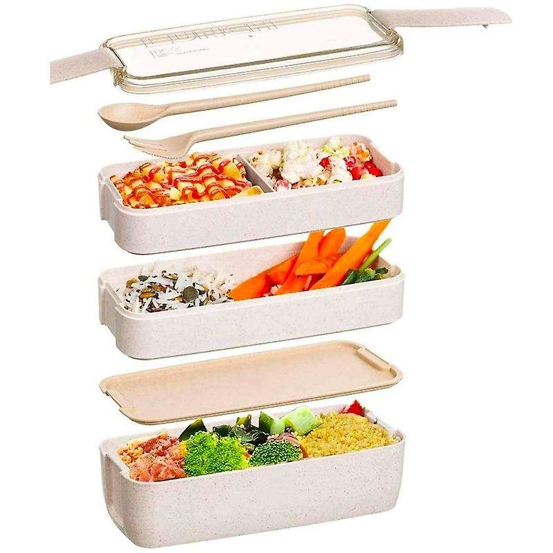 Japanese Lunch Box Bento Box , 3-in-1 Compartment, Wheat Straw,beige