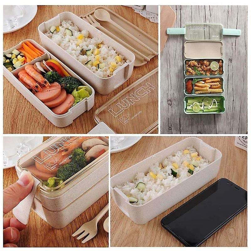 Japanese Lunch Box Bento Box , 3-in-1 Compartment, Wheat Straw,beige