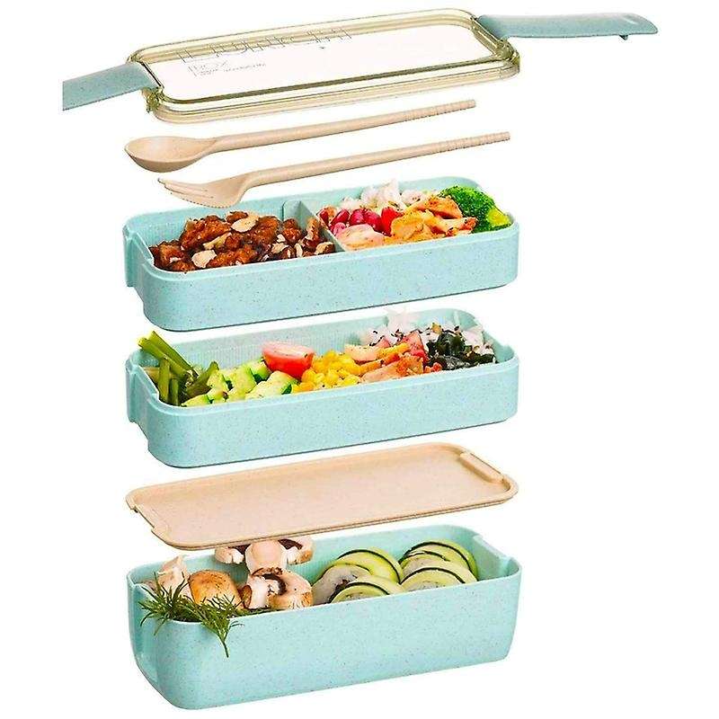 Japanese Lunch Box Bento Box , 3-in-1 Compartment, Wheat Straw,beige
