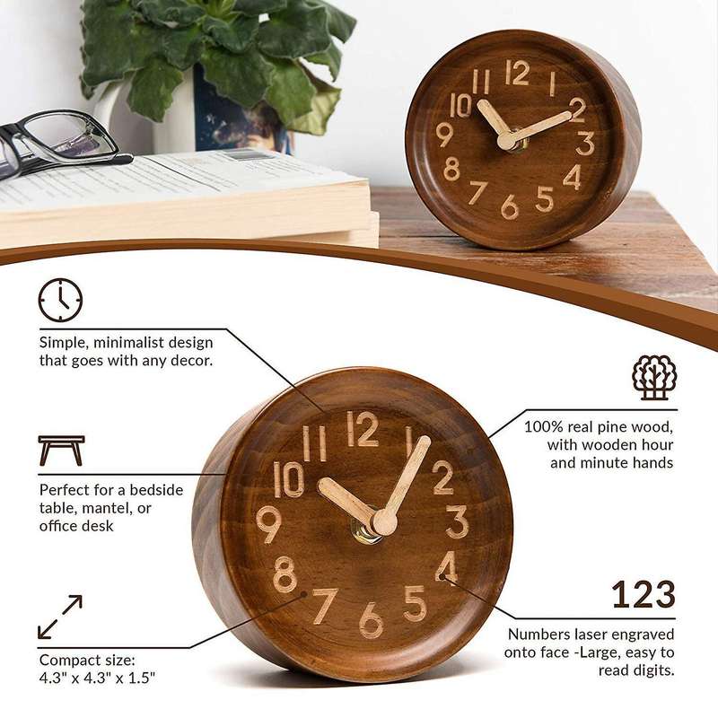 Wooden Desk & Table Analog Clock Made Of Genuine Pine(dark)