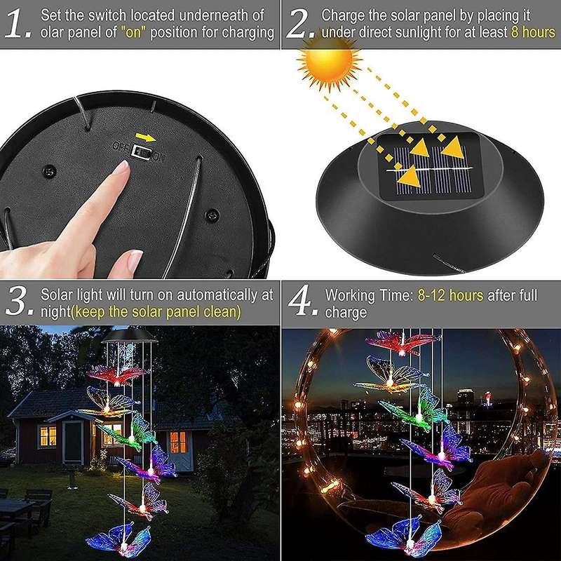 Bu Butterfly Wind Chimes Color Changing Solar Mobile Wind Chime