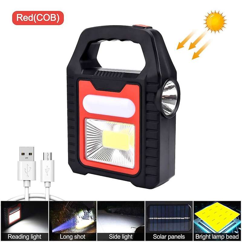 Usb Recharge&solar Energy Cob Working Light Camping Flashlight, Red