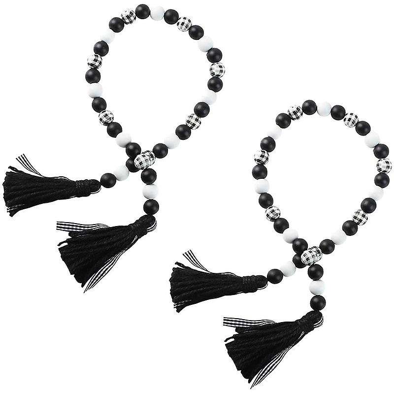2 Pieces Plaid Wood Bead Garland, with Jute Rope for Decoration(a)
