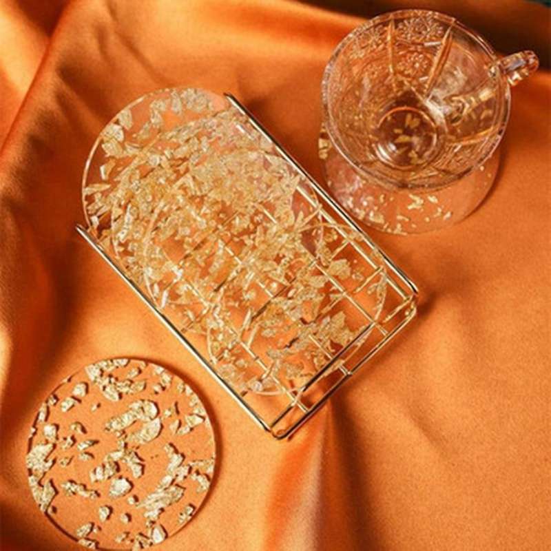 6pcs Acrylic Gold Foil Coaster Heat Insulation Cup Mat for Home A