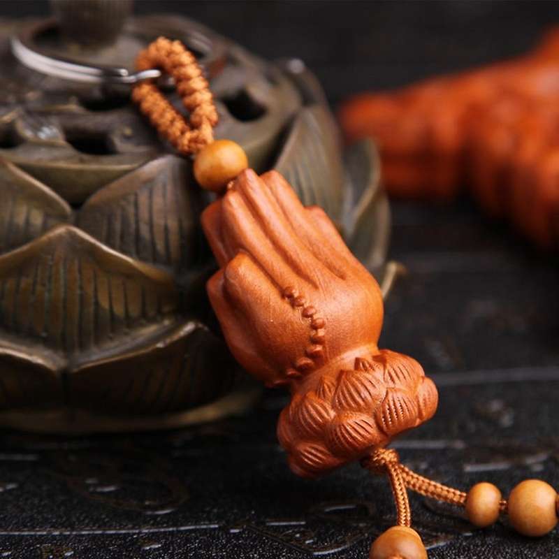10pcs Peach Wood Palm Keychain Lotus Buddha Palm Keychains Vintage