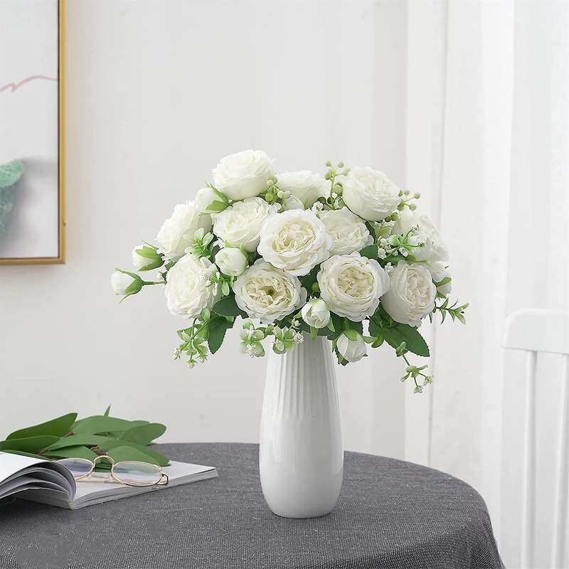 3 Bunches Peony Artificial Flower for Decoration Fake Rose White