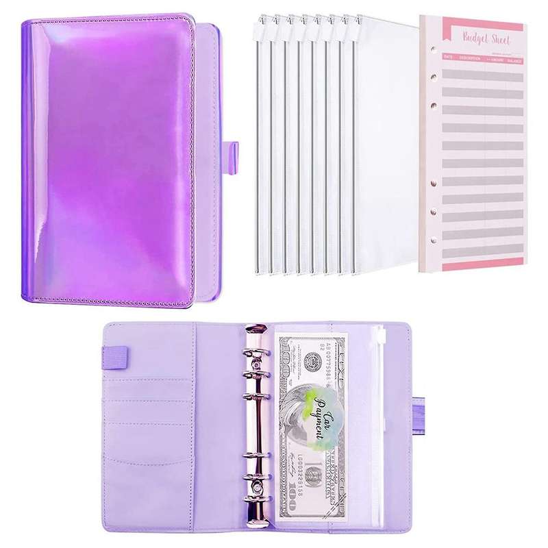 A6 Pu Leather Binder Zipper Pockets for Money Organizer Purple