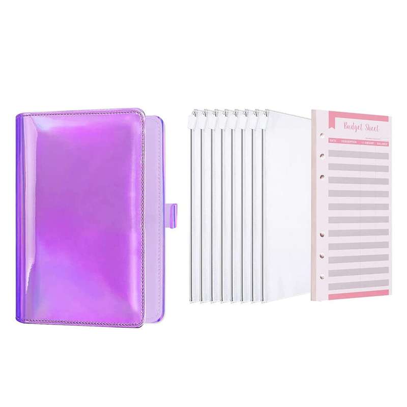 A6 Pu Leather Binder Zipper Pockets for Money Organizer Purple
