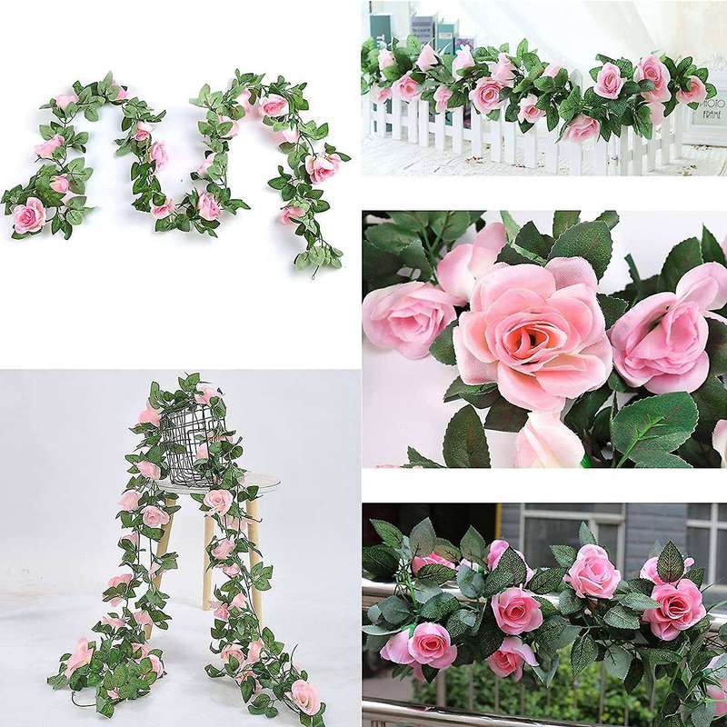 2 Pack 15 Ft Pink Fake Rose Vine Hanging for Wedding Home Pink
