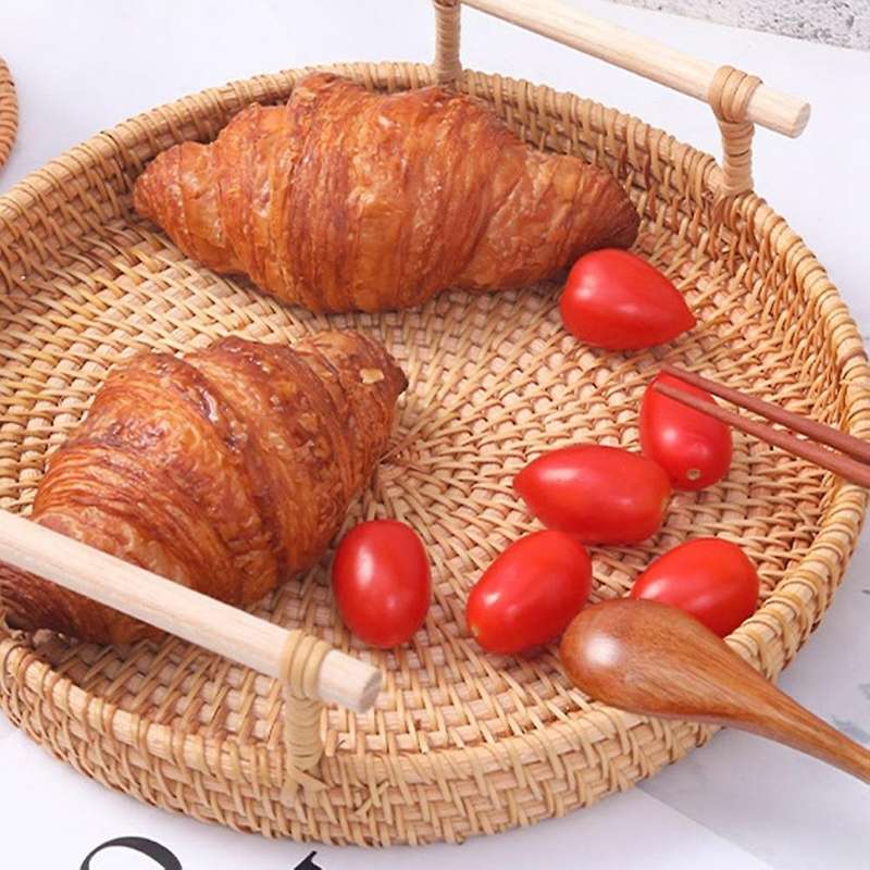 Hand-woven Round Rattan Tray Fruit Snacks Storage Basket Organizer,b