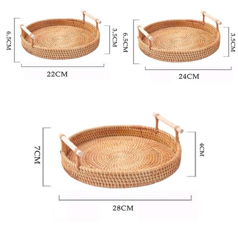 Hand-woven Round Rattan Tray Fruit Snacks Storage Basket Organizer,b