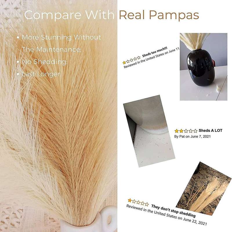 Faux Pampas Grass, Set Of 6 Stems 17inch Short Fake Flowers, Small