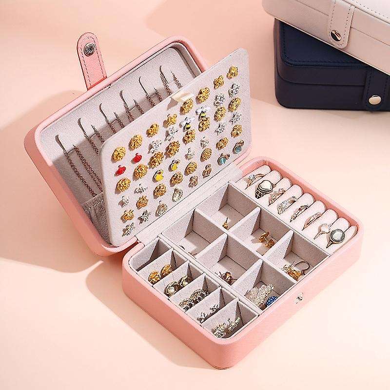 Women Leather 2 Layer Jewelry Organizer for Necklace Rings Navy Blue