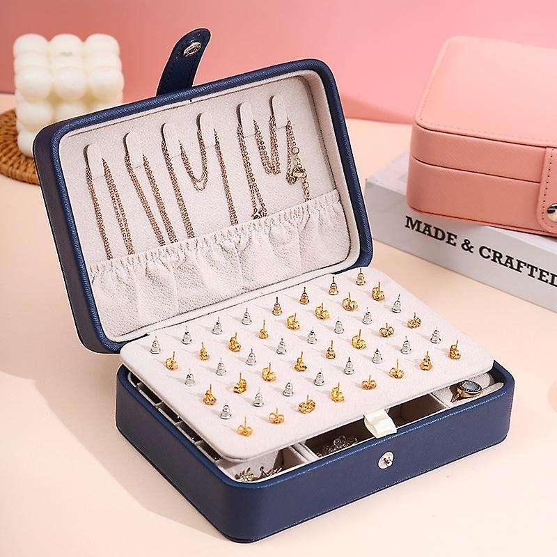 Women Leather 2 Layer Jewelry Organizer for Necklace Rings Navy Blue