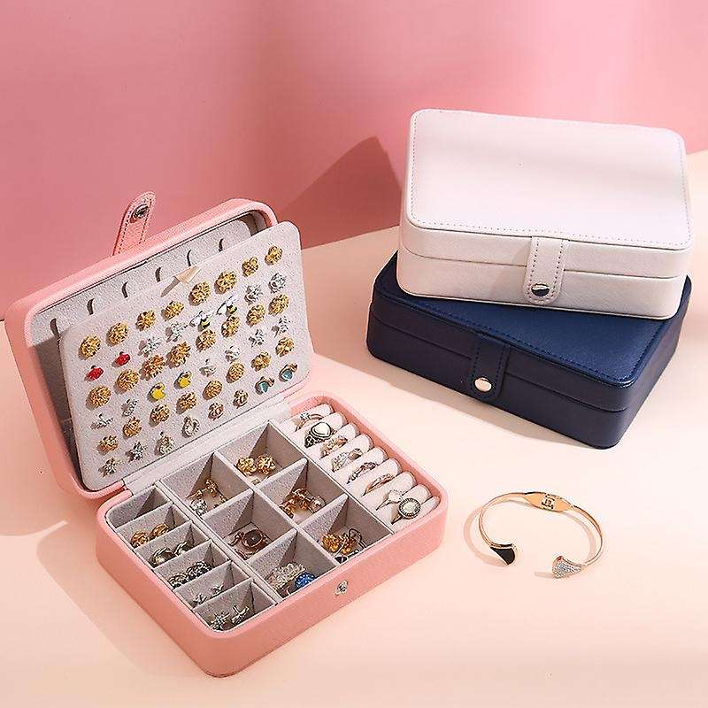 Women Leather 2 Layer Jewelry Organizer for Necklace Rings Navy Blue