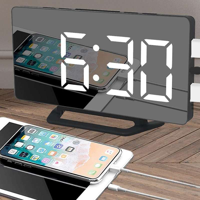 Digital Alarm Clock, Led Mirrored Large Display, with Dual Usb