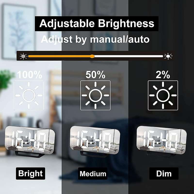 Digital Alarm Clock, Led Mirrored Large Display, with Dual Usb