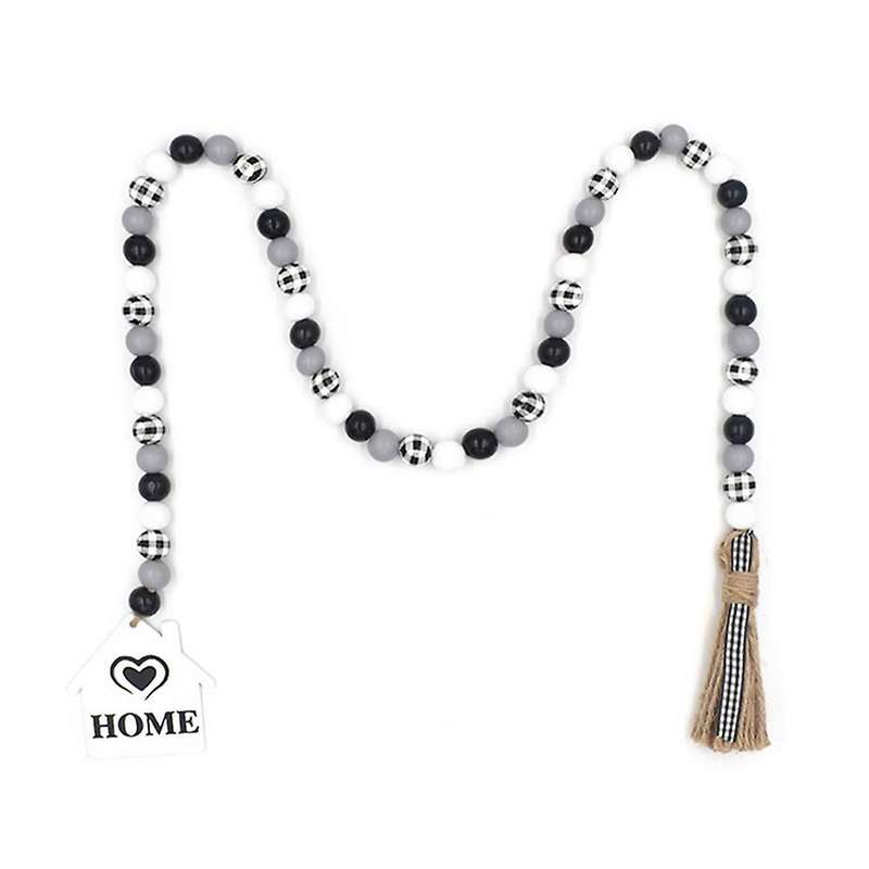 2pcs Black and White Plaid Wood Bead Wreath with Fringe Rustic
