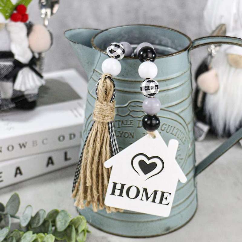 2pcs Black and White Plaid Wood Bead Wreath with Fringe Rustic