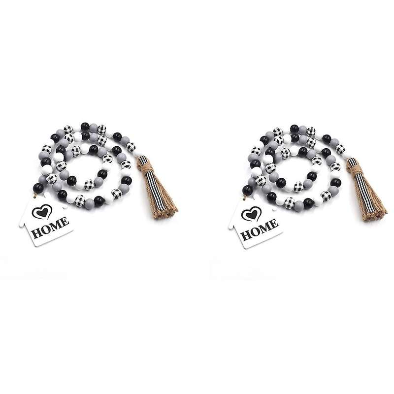 2pcs Black and White Plaid Wood Bead Wreath with Fringe Rustic