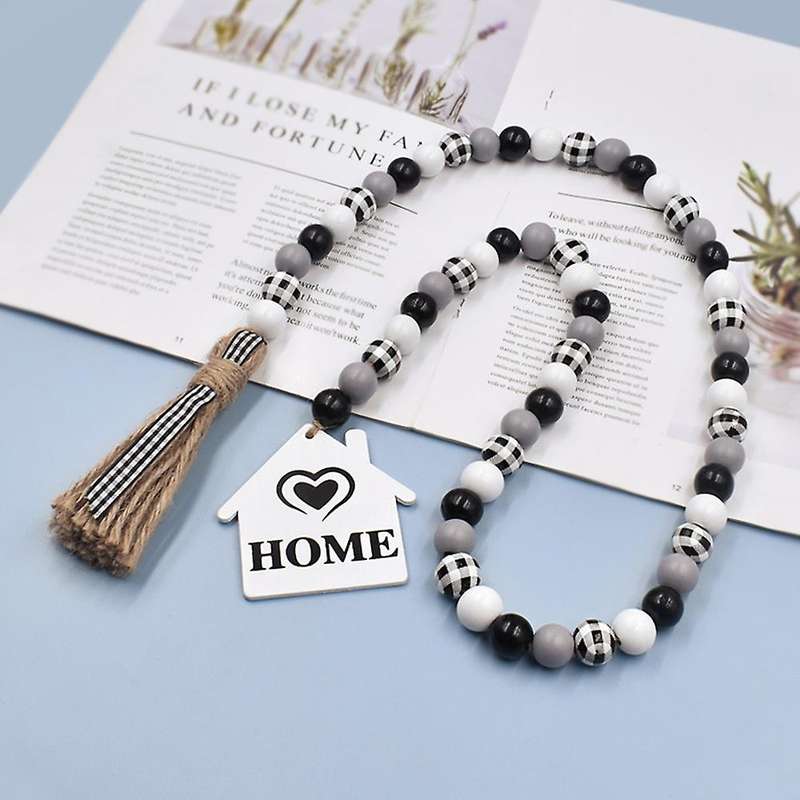 2pcs Black and White Plaid Wood Bead Wreath with Fringe Rustic