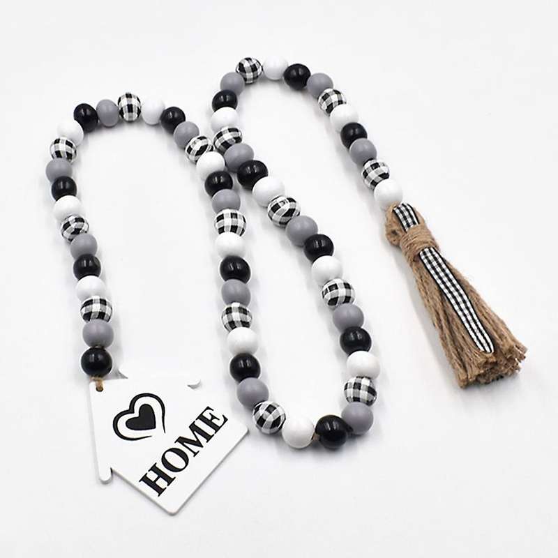 2pcs Black and White Plaid Wood Bead Wreath with Fringe Rustic