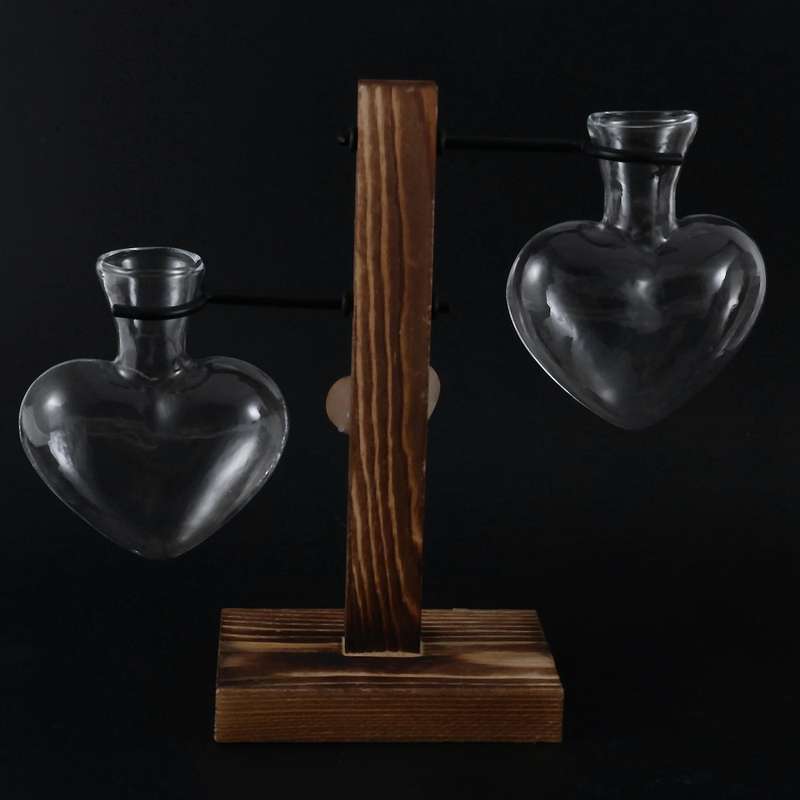 Glass Test Tube Wood Stand Glass Vase Heart Shape Plants Holder-b