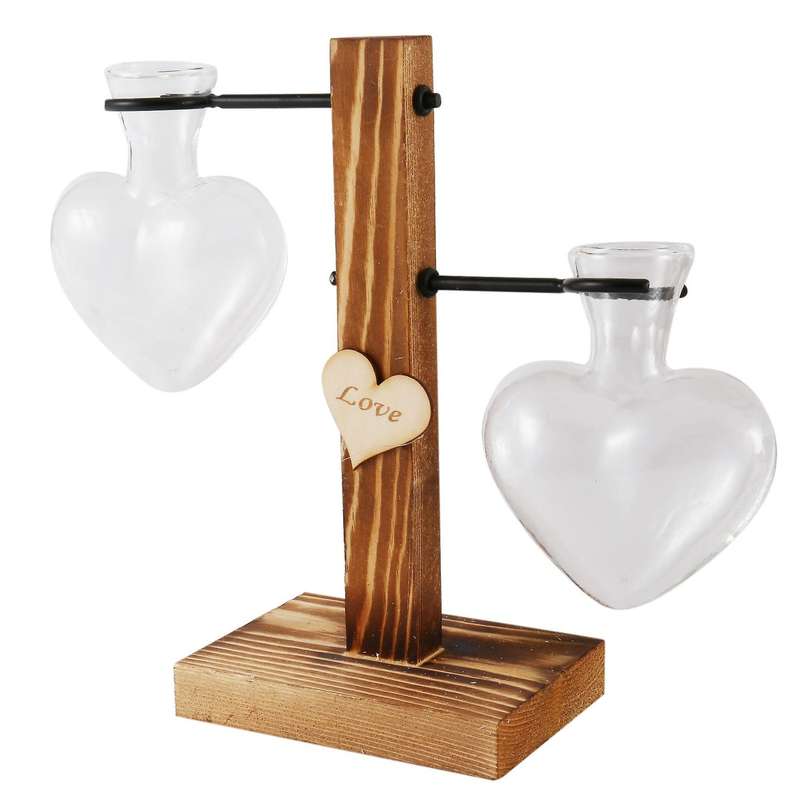 Glass Test Tube Wood Stand Glass Vase Heart Shape Plants Holder-b