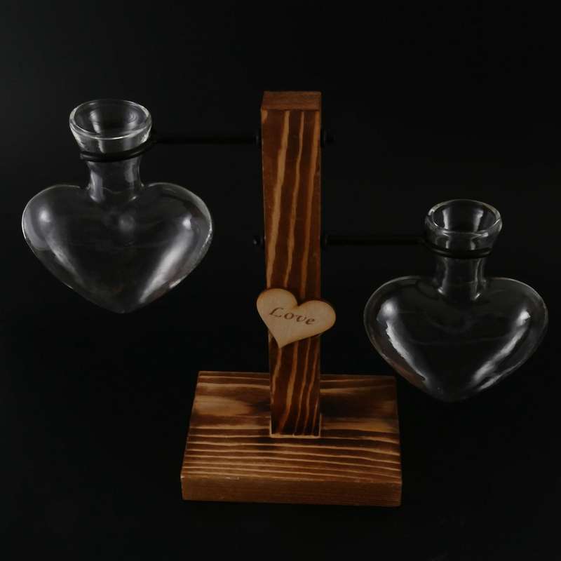 Glass Test Tube Wood Stand Glass Vase Heart Shape Plants Holder-b
