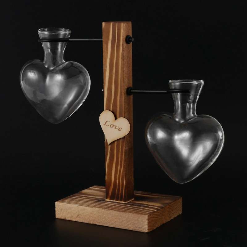 Glass Test Tube Wood Stand Glass Vase Heart Shape Plants Holder-b