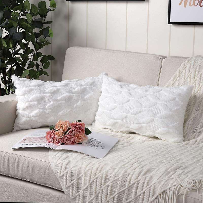 2pcs Soft Plush Decorative Cushion Pillow Shell White 12x20 Inch