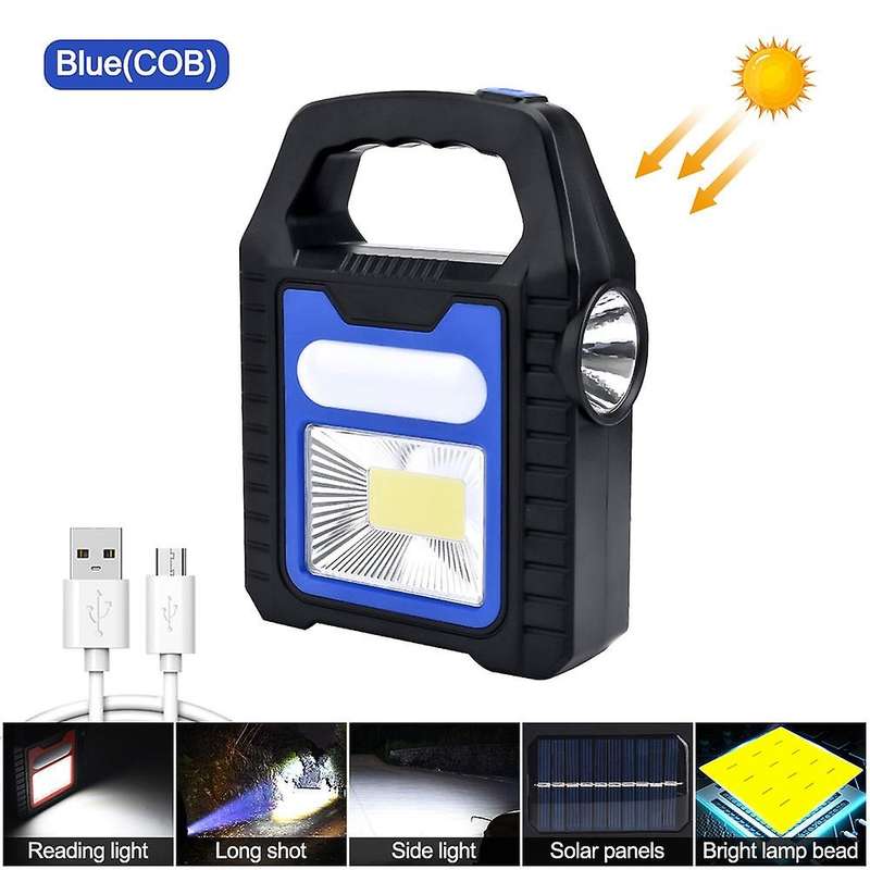 Usb Recharge&solar Energy Cob Working Light Camping Flashlight, Blue