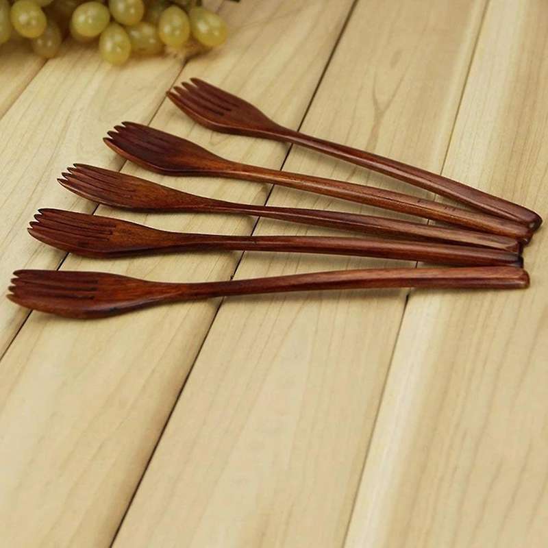 12pcs Tableware: 5 Pcs Wooden Forks & 6 Pcs Wooden Spoons Soup Spoons