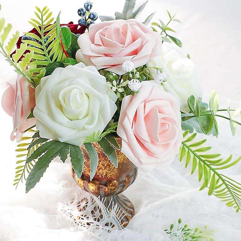 25pcs Real Looking Foam Fake Roses with Stems for Wedding (pink)