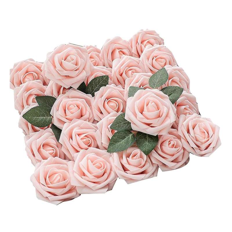 25pcs Real Looking Foam Fake Roses with Stems for Wedding (pink)