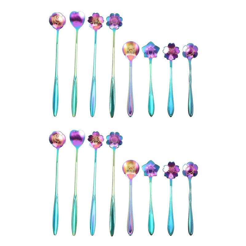 16pcs Flower Spoon Set,2 Different Size Colorful Stainless Steel