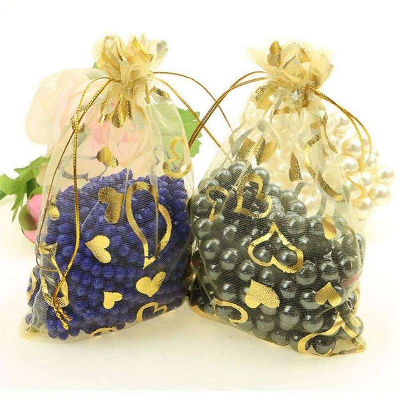 200pcs 9x12cm Sheer Drawstring Heart Organza Jewelry Gift Bags (gold)