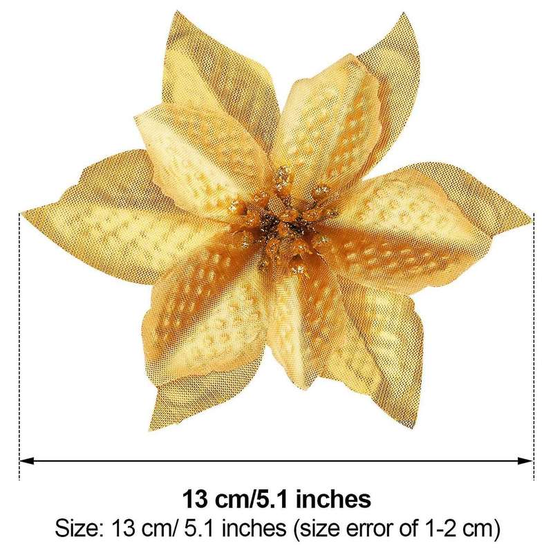 50 Pack Glitter Poinsettia Christmas Tree Ornaments(gold)