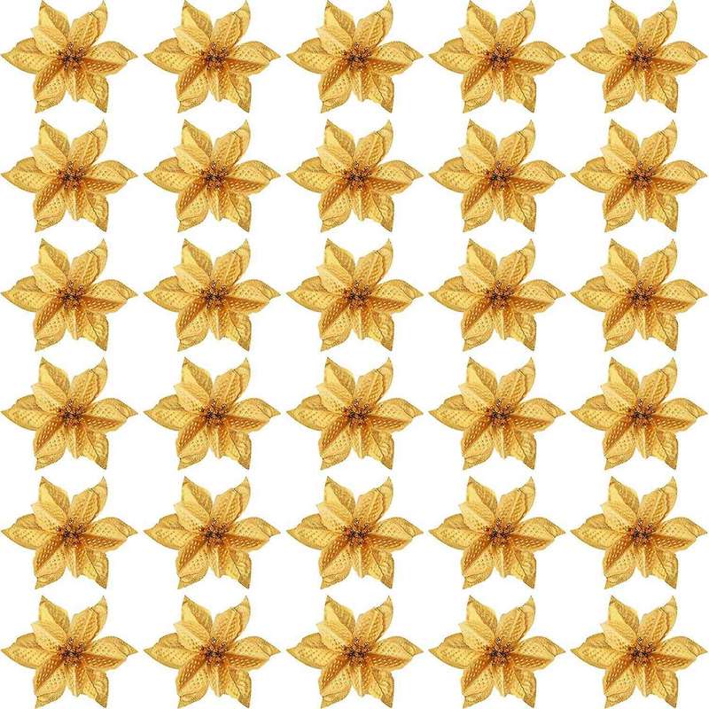 50 Pack Glitter Poinsettia Christmas Tree Ornaments(gold)