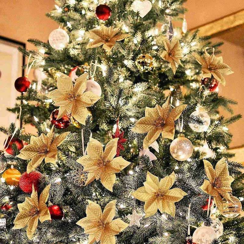 50 Pack Glitter Poinsettia Christmas Tree Ornaments(gold)