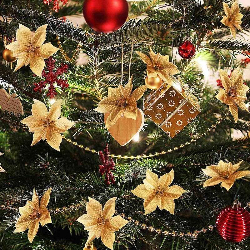 50 Pack Glitter Poinsettia Christmas Tree Ornaments(gold)