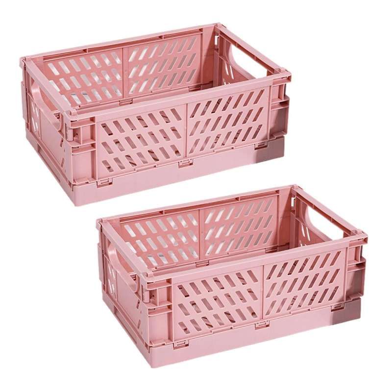 2x Collapsible Plastic Folding Storage Box Cosmetic Container Pink