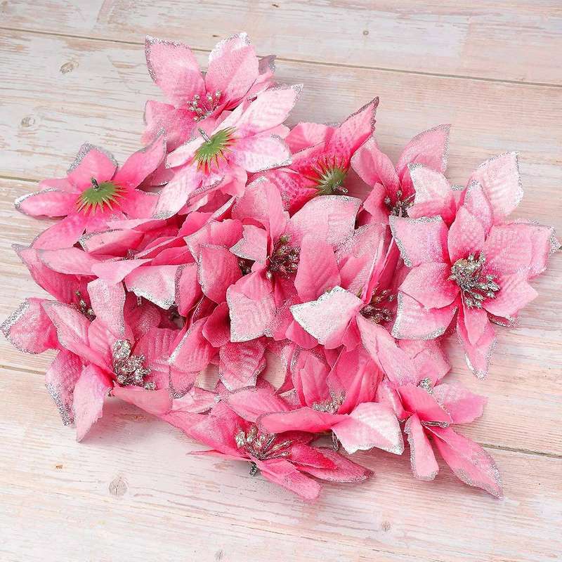 50 Pack Poinsettia Christmas Tree 5inch Artificial Decor Wreath(pink)