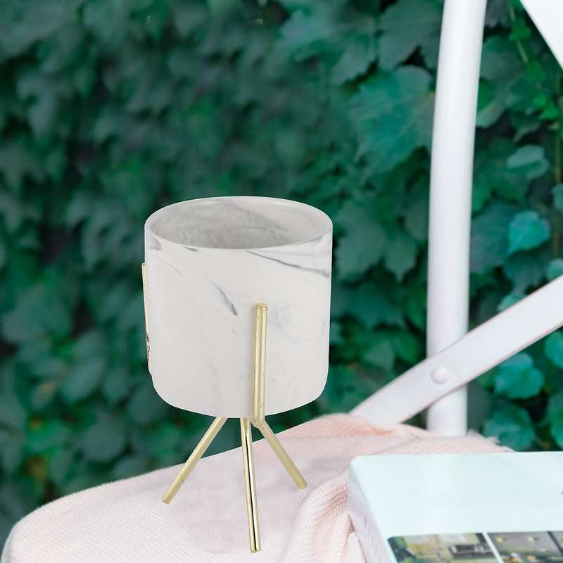 Marble Vase Wrought Iron Succulent Flower Pot Gold + White Ceramic M