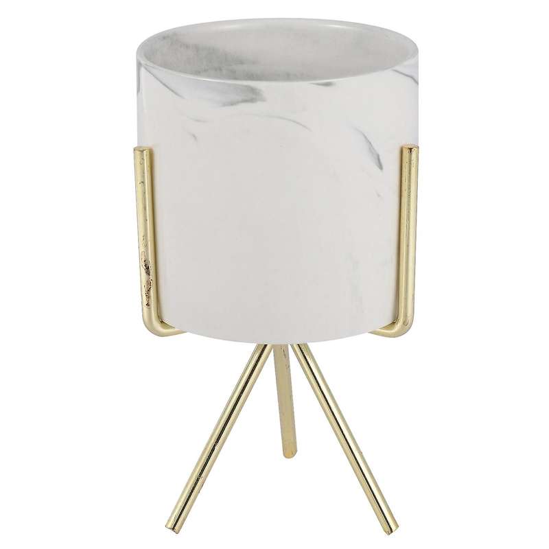 Marble Vase Wrought Iron Succulent Flower Pot Gold + White Ceramic M