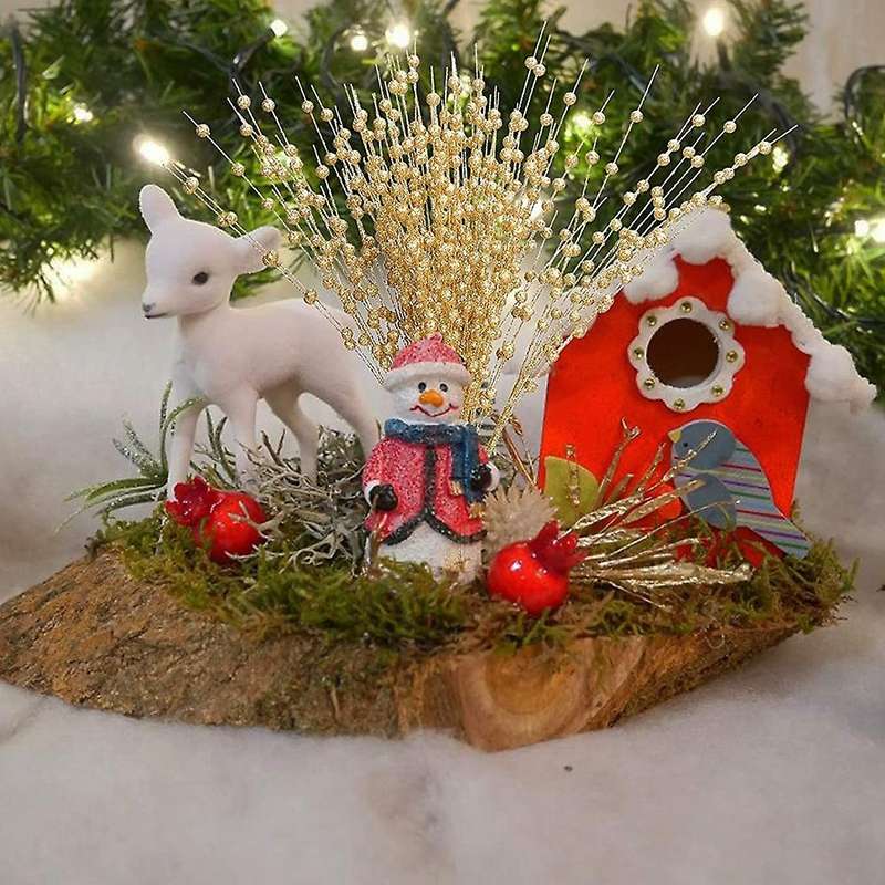 Golden Artificial Glitter Berry Stem for Christmas Tree Diy Wreath
