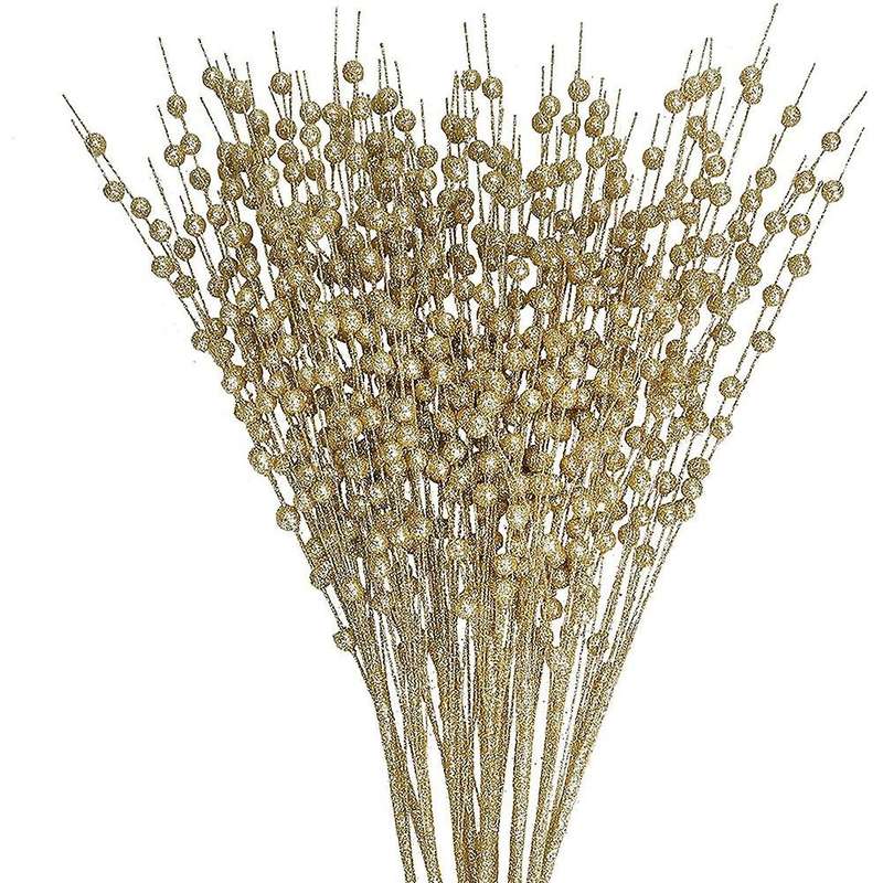 Golden Artificial Glitter Berry Stem for Christmas Tree Diy Wreath