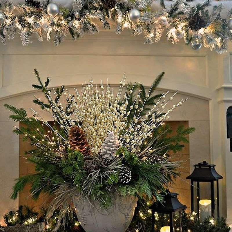 Golden Artificial Glitter Berry Stem for Christmas Tree Diy Wreath