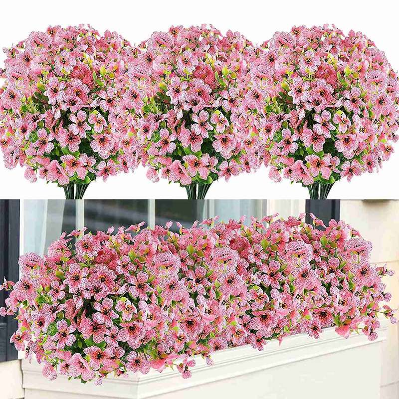 6 Bundles Artificial Flowers Uv Resistant Fake Plants Pink