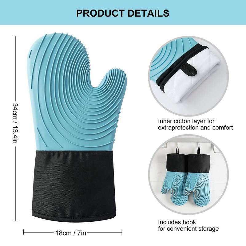 Silicone Oven Heat Resistant Thick Gloves 1 Pair with 1 Brush-blue